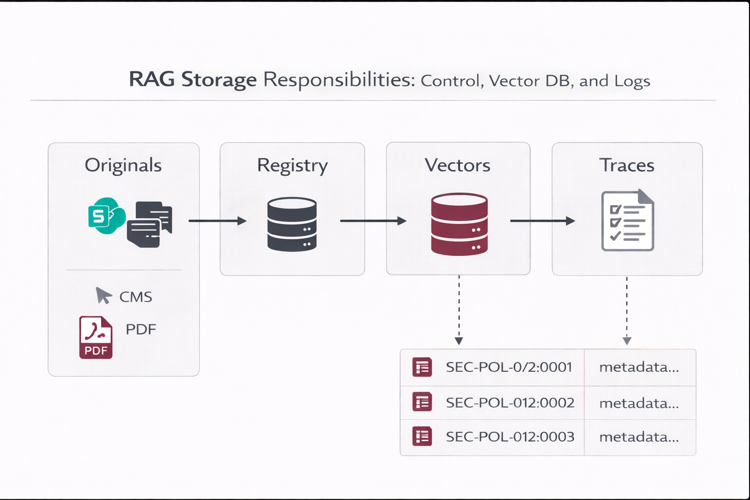 Where originals vs registry vs vectors vs traces are stored
